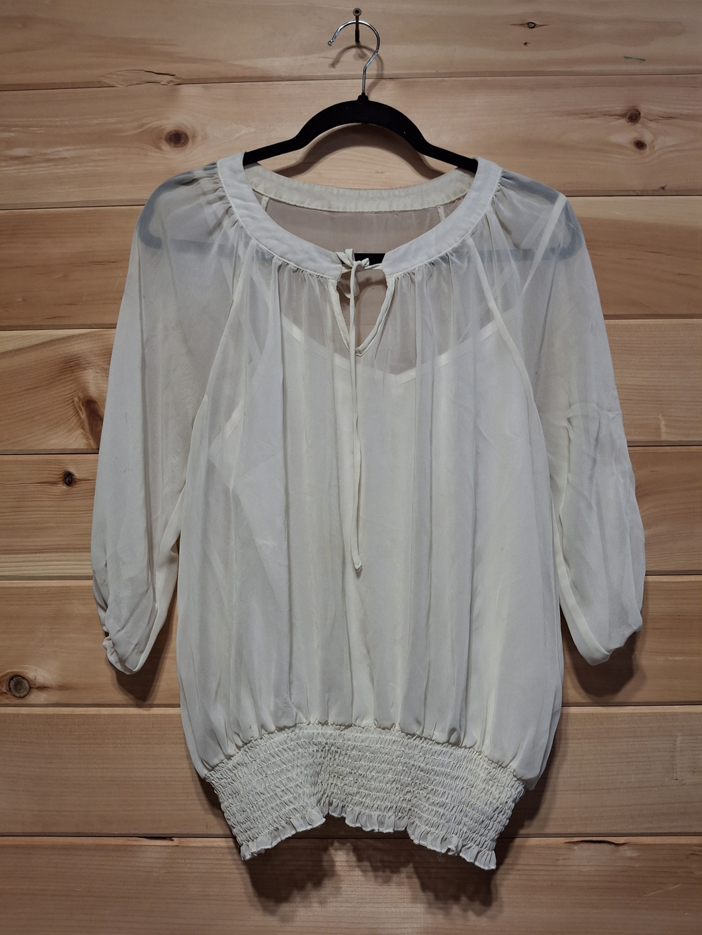 Wrangler Cream Sheer Peasant Blouse with Tie Neck